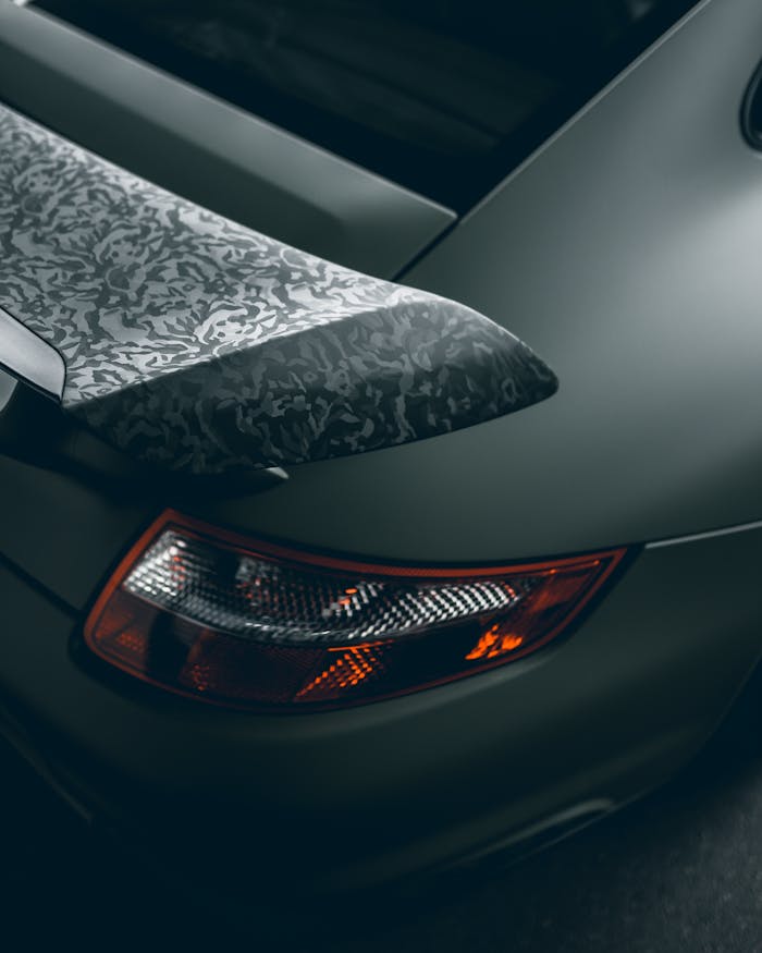Detailed image of luxury sports car spoiler and rear lights with a sleek design.